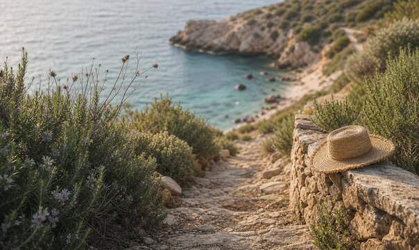 Quiet coastal stone path through wild Mediterranean herbs