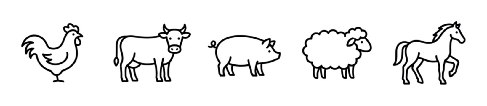 Rooster cow pig sheep horse farm animals icon set featuring various common livestock in a clean, minimalist outline design, perfect for agricultural themes.