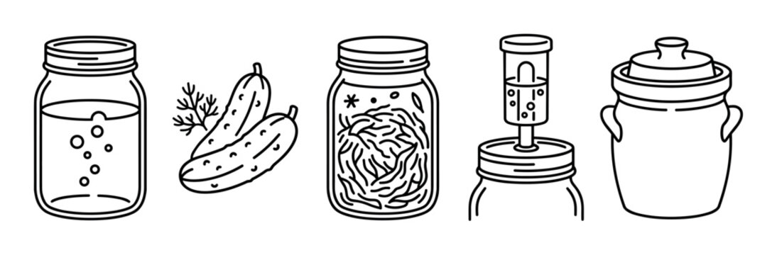 Fermentation and pickling supplies, including jars, cucumbers, airlock, and a crock, are essential for making healthy homemade food.