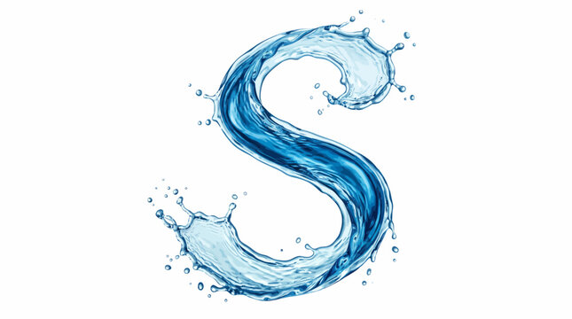 Stylized blue water splash in the shape of a swirling curve forming an s shape with droplets on a clean white background for design and graphic use
