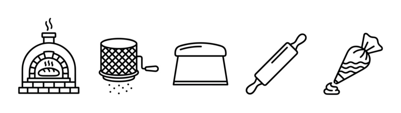 Various baking tools and kitchen utensils line art icons illustrate essential equipment for bread making, pastry, and confectionery preparation.