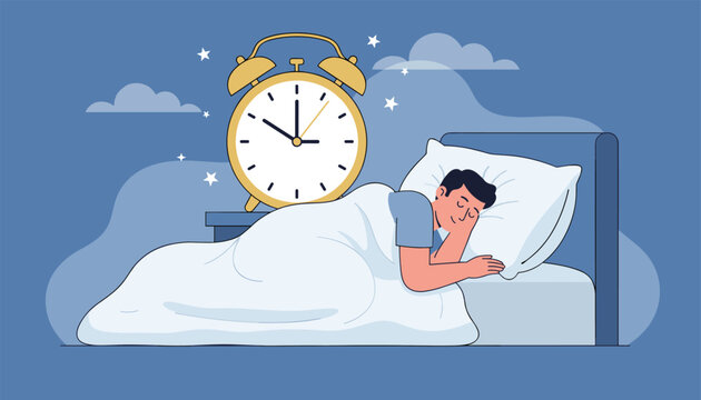 Peaceful illustration of a man sleeping soundly in his bed at night with a large glowing alarm clock showing nine o'clock in the background.