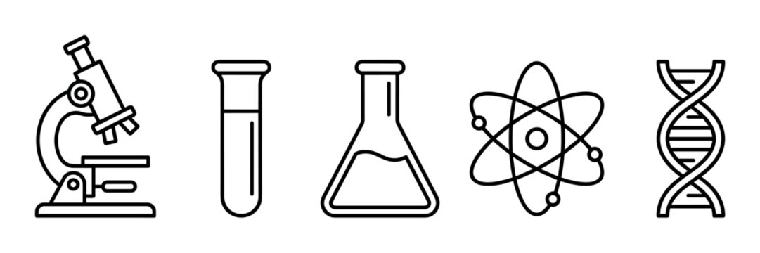 Microscope, test tube, flask, atom, and DNA symbols represent fundamental concepts across biology, chemistry, and physics for educational and research purposes.