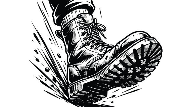 Detailed vector illustration of a heavy combat boot stepping down with dynamic motion and impact