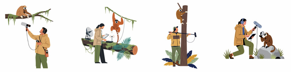 Set of scientists and researchers recording monkey vocalizations and studying wildlife in a tropical forest using specialized audio equipment. © Rizki