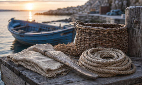 Traditional harbor details with rope basket and wooden oar