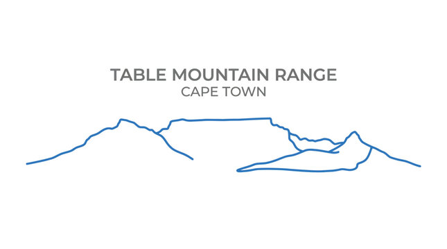 Minimalist blue vector line illustration of the iconic Table Mountain range located in Cape Town city