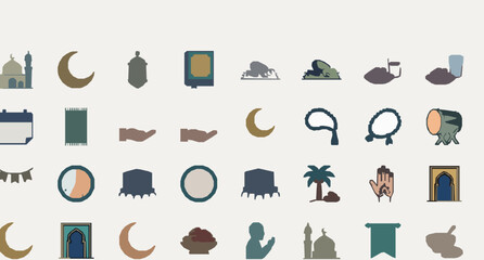 Ramadan Outline Icon Set with Crescent Lantern Mosque and Islamic Celebration Symbols © MstSweety