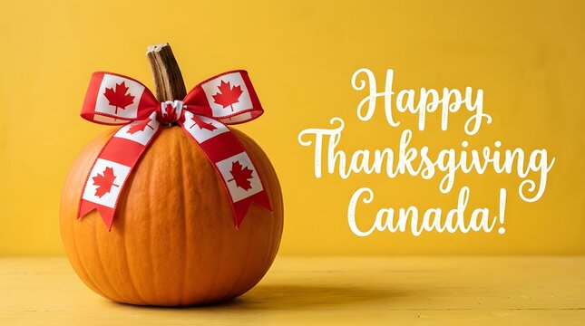 Canadian thanksgiving pumpkin with maple leaf ribbon