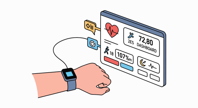 A futuristic illustration of a person's arm wearing a smartwatch connected to a biochip displaying vital signs and health metrics on a screen.