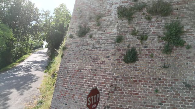 Strada stretta che costeggia un alto muro in mattoni con vegetazione spontanea, sormontato da edifici storici. Scena urbana antica immersa nel verde, luminosa e caratteristica