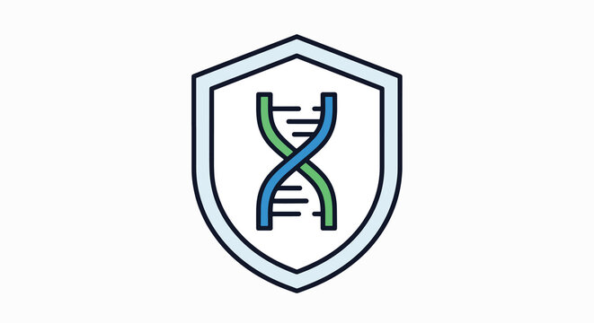 DNA precision healthcare concept with shield logo and double helix structure