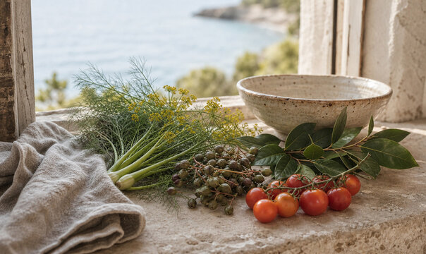 Wild coastal herbs and tomatoes on a seaside kitchen ledge