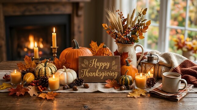 Autumn thanksgiving table setting with pumpkins candles and cozy decor