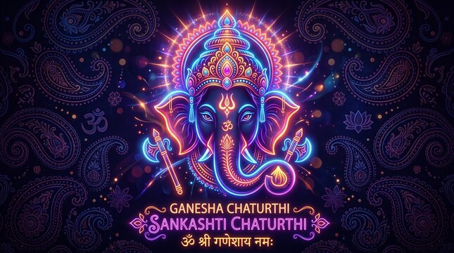Neon glowing head of lord ganesha on dark background with paisley patterns for ganesha chaturthi and sankashti chaturthi celebrations and creative hindu spiritual ...