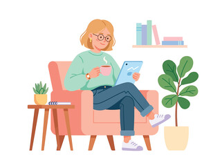 Fototapeta premium Young woman sitting in armchair drinking hot coffee while using digital tablet at home cozy morning lifestyle illustration.