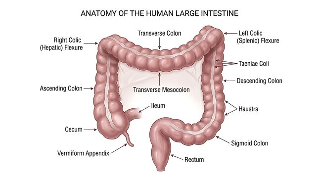 Anatomy of the human large intestine diagram showing colon sections and labels