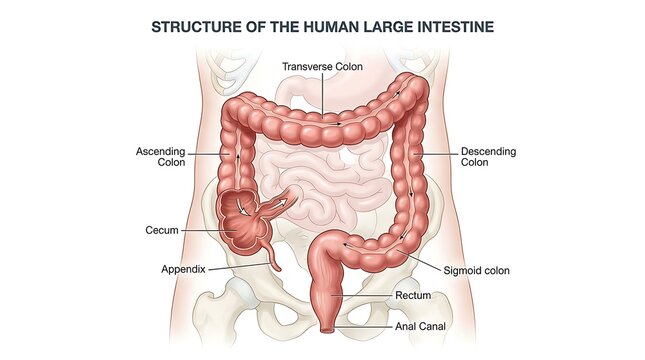 Anatomy of the human large intestine structure with internal digestive labels