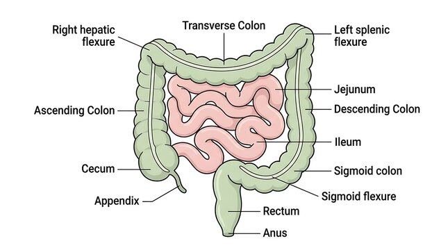 Medical illustration of human large intestine anatomy and labeled components