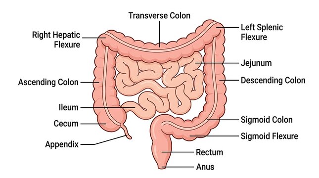 Detailed diagram of human large intestine segments and anatomical labels