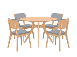 Fototapeta premium Round dining table with light wood finish and four grey cushioned chairs modern kitchen furniture set.