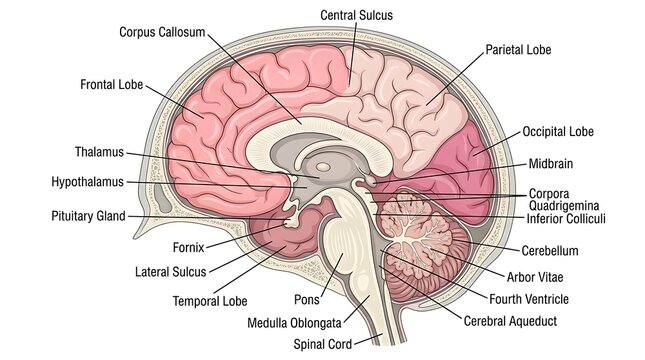 Educational anatomical illustration of human brain cross section with neurology