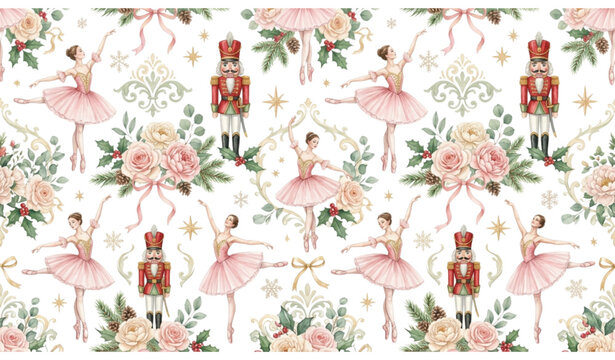 Watercolor Nutcracker and Ballerina Seamless Pattern