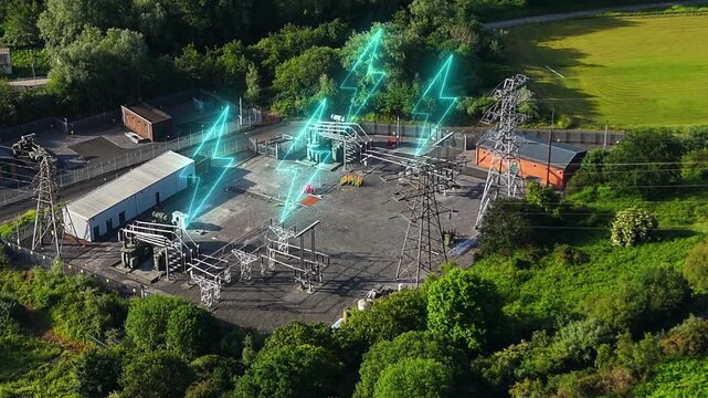 Electrical Substation with Glowing Blue Animated Electric Graphics Icons. Facility Managing and Re-Directing Flow of Electricity. Animation Infographics Over Real Footage