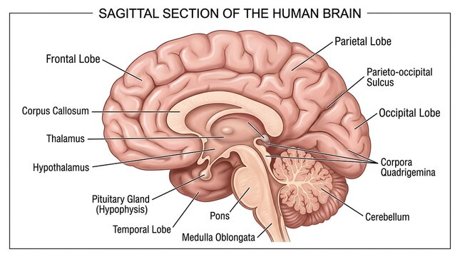 Sagittal section diagram of the human brain anatomy with sagittal, neurology