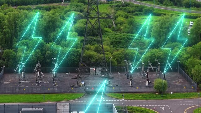 Electrical Substation with Glowing Animated Electric Graphics Icons. Facility Managing and Re-Directing Flow of Electricity. Animation Infographics Over Real Footage. 4K.