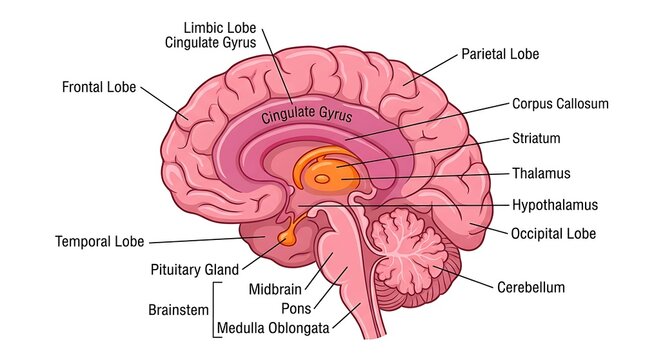 Anatomical view of human brain structure and sections with neurology, sagittal
