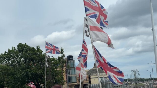 Rows of Union Jack Flags Flying Outdoors in the UK