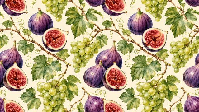 Seamless Watercolor Pattern with Purple Figs, Green Grapes and Vine Leaves on Cream Background