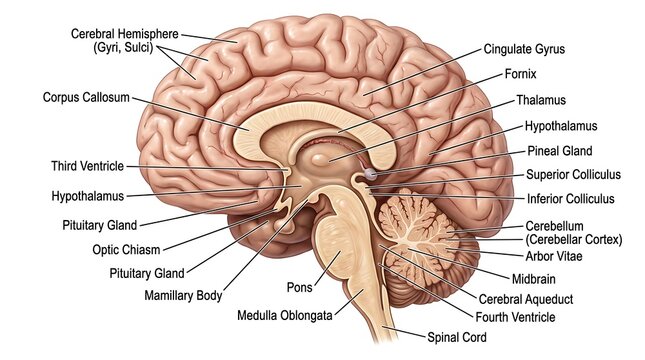 Detailed sagittal section diagram of human brain anatomy with sagittal, cerebrum
