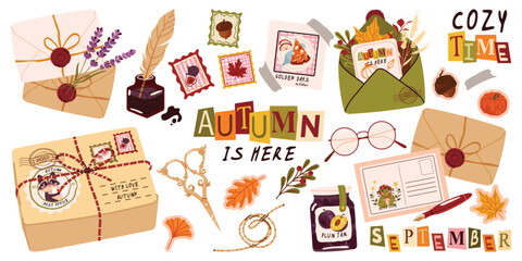 Cute autumn stationery and snail mail collection. Set of envelopes, postcards, postal package, wax seals, stamps, twine, scissors and writing accessories. Vector illustrations isolated on white © m_matvi