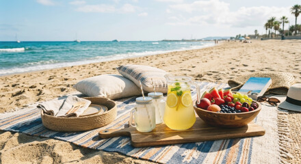 Obraz premium Cozy Beach Picnic with Fresh Fruits and Lemonade, Natural Sunlight and Relaxing Summer Lifestyle