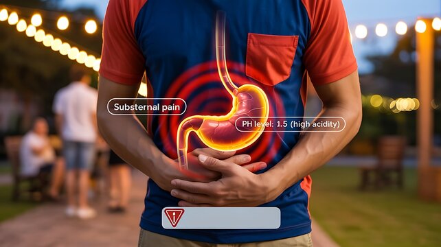 Stomach ulcer and digestive pain concept with gastrointestinal anatomy