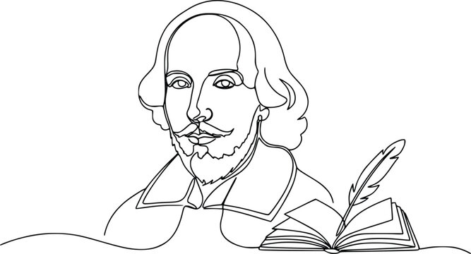 William Shakespeare Continuous Line Art Vector Illustration