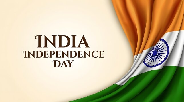 Realistic Indian flag waving on a clean background with elegant 'India Independence Day' text. Perfect for 15th August national holiday celebration, banners, posters, and greeting cards.