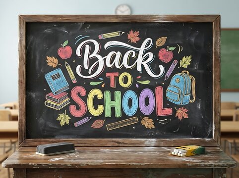 Hand drawn colorful chalk typography Back to School on a vintage wooden blackboard desk. Academic concept suitable for classic school classroom reopening posters.