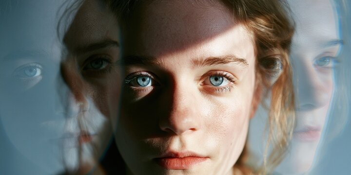Close-Up Portrait of Woman with Multiple Reflections and Blue Eyes