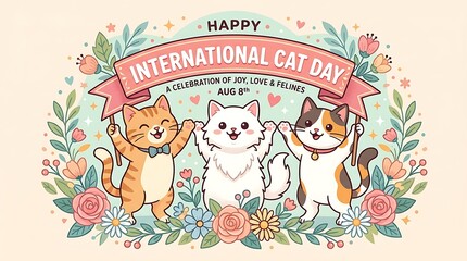 Fototapeta premium Happy international cat day celebration card with three cute kittens and flowers