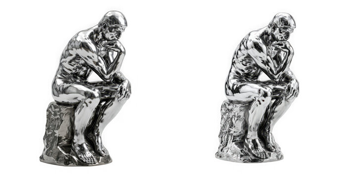 Two silver metal figurines of the thinker statue isolated on transparent background