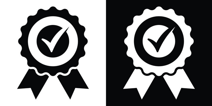 Approved check mark ribbon badge vector template in black and white versions. Verified certificate seal emblem icon for quality assurance, standard compliance, and successful pass stamp.
