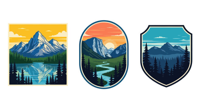 Retro outdoor adventure emblems featuring mountains forests and rivers
