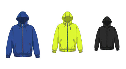 Hooded zip up sweatshirt technical fashion sketch in three colors © tira