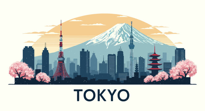 Tokyo skyline panorama featuring mount fuji and cherry blossoms