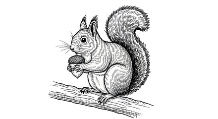 Squirrel sitting on a branch holding an acorn in its paws © tira