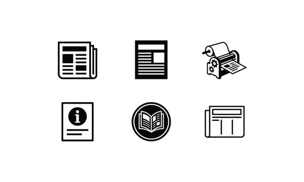 Set of black vector newspaper icons for news and information.
