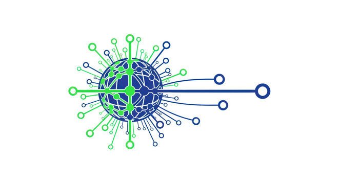 Global digital network sphere with blue and green circuit lines
